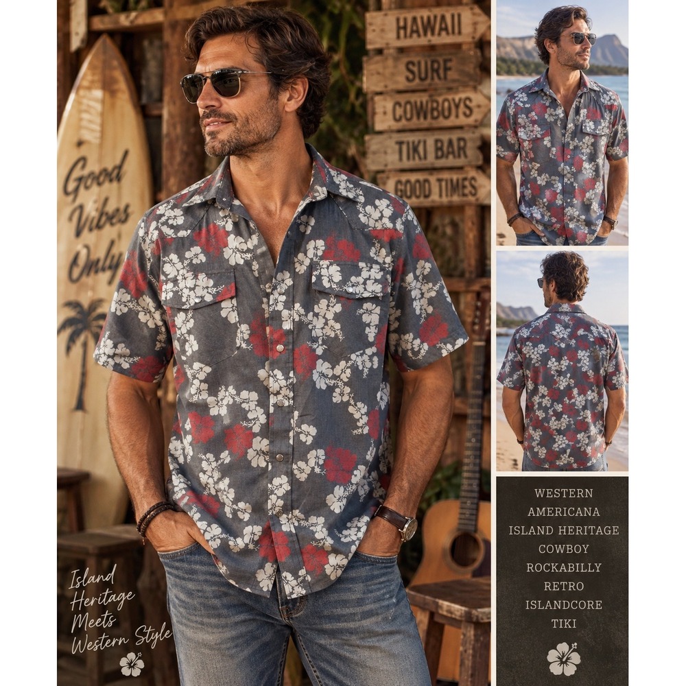 Western Aloha Folk Hibiscus Blue Cowboy Cloth Shirt L Peral Snap Tiki Rockabilly
